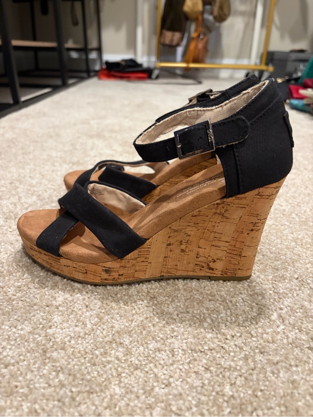 TOMS Black Cork Wedge Sandals with Ankle Strap - Picture 3 of 7